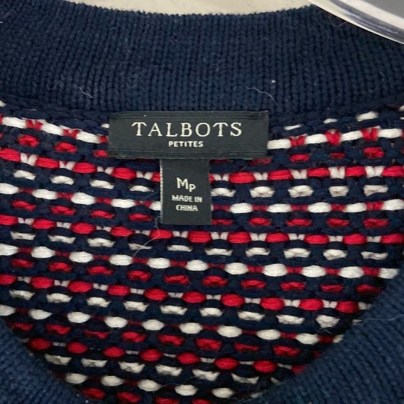 Talbots Blazer Style Cardigan Size M Petite Red, Blue and White Classic Chunky - Picture 9 of 11